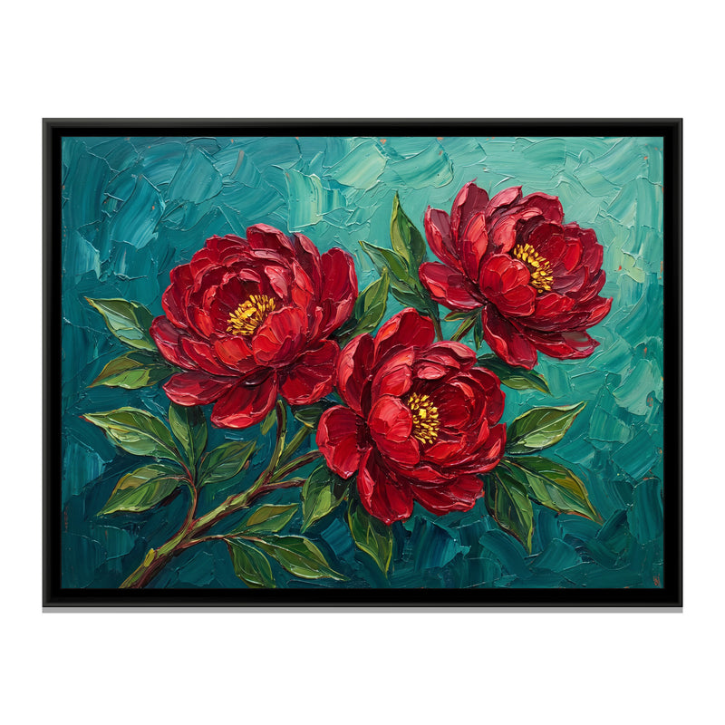 Crimson Blooms on Teal - framed canvas print, front view