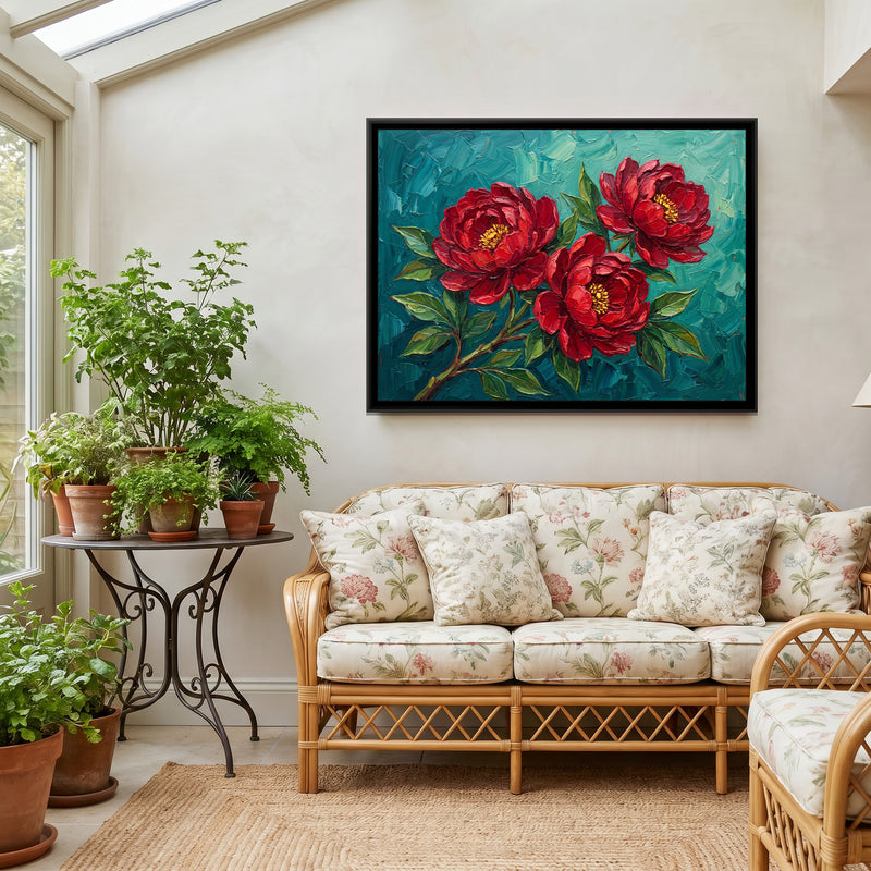 Crimson Blooms on Teal - canvas art shown in a styled room