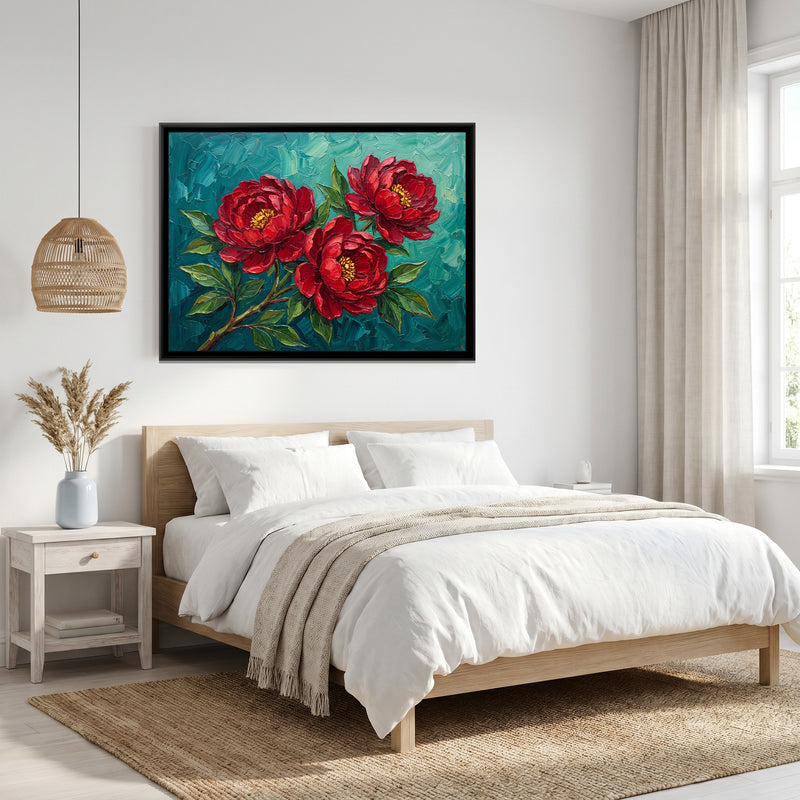 Crimson Blooms on Teal - canvas art shown in a second room setting