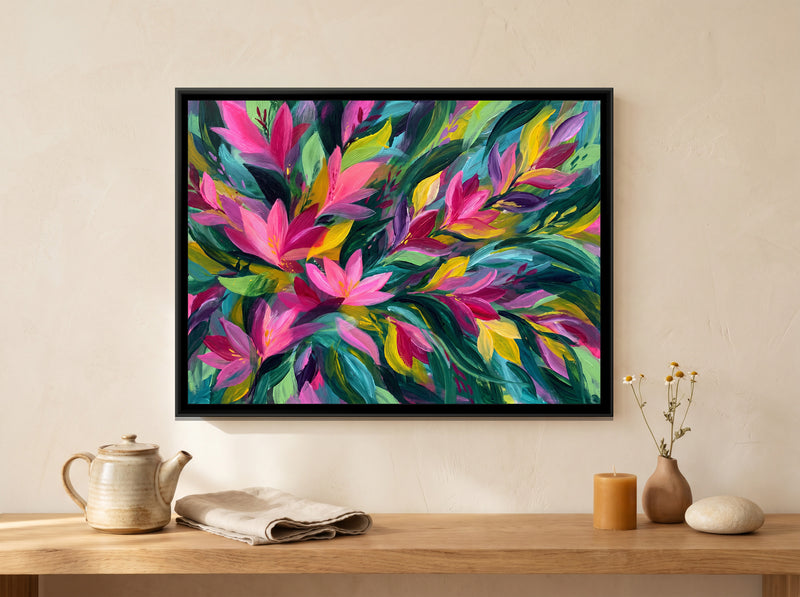 Tropical Petal Canopy - canvas art shown in a styled room