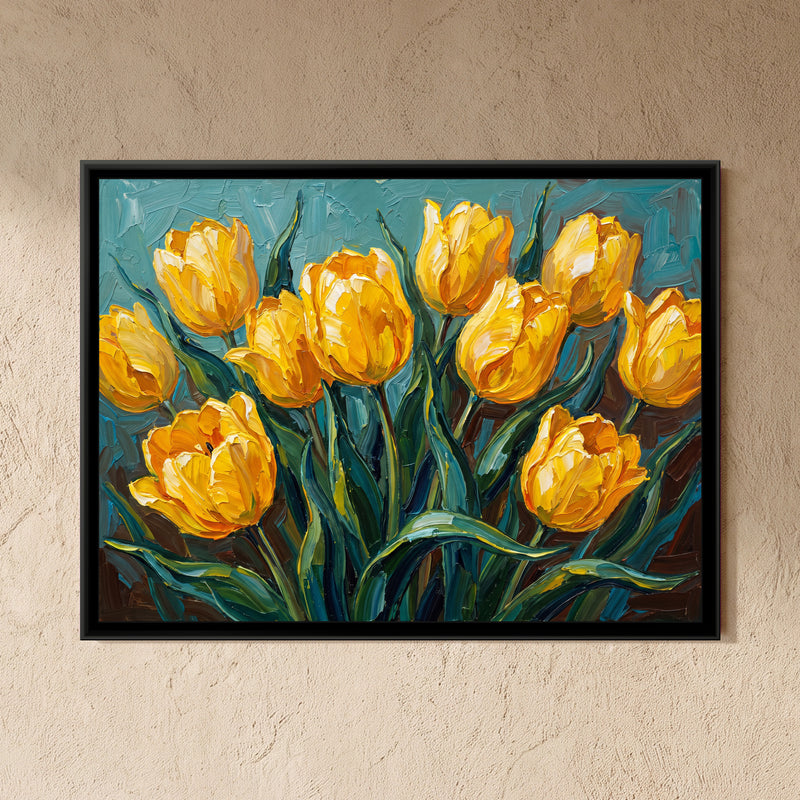 Golden Tulips in the Breeze - framed canvas art hung on a wall