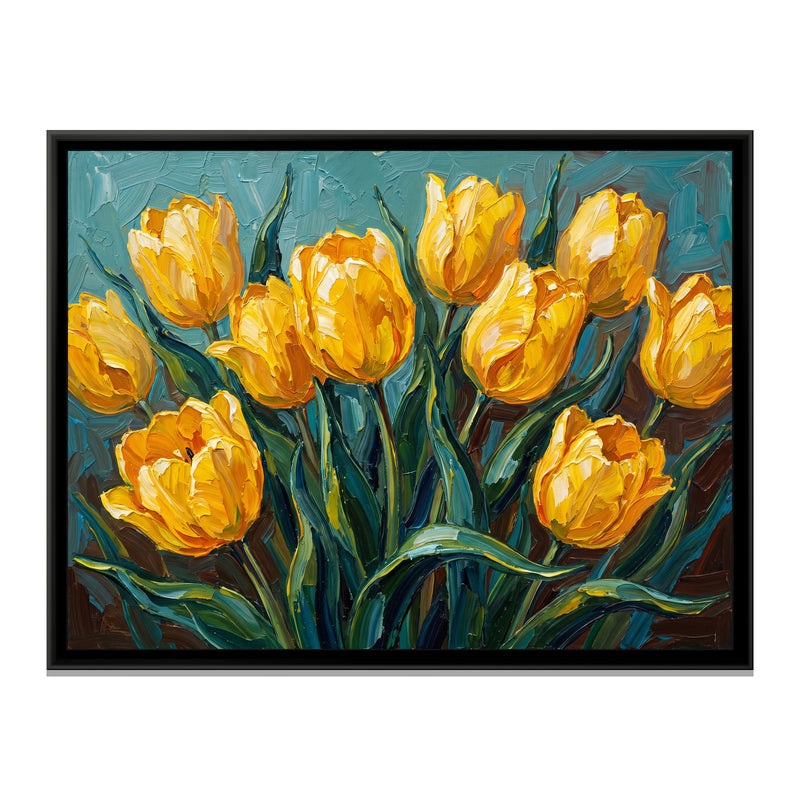 Golden Tulips in the Breeze - framed canvas print, front view
