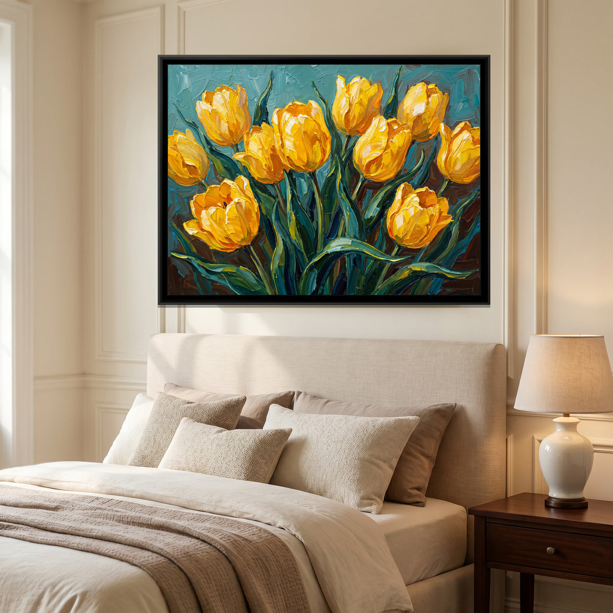 Golden Tulips in the Breeze - canvas art shown in a second room setting