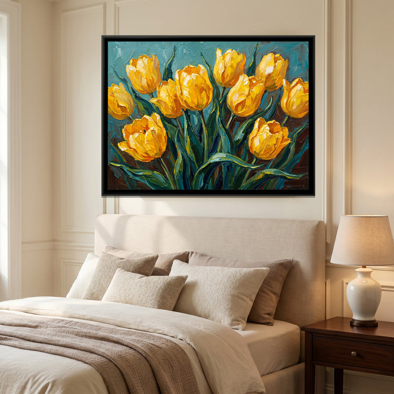 Golden Tulips in the Breeze - canvas art shown in a second room setting