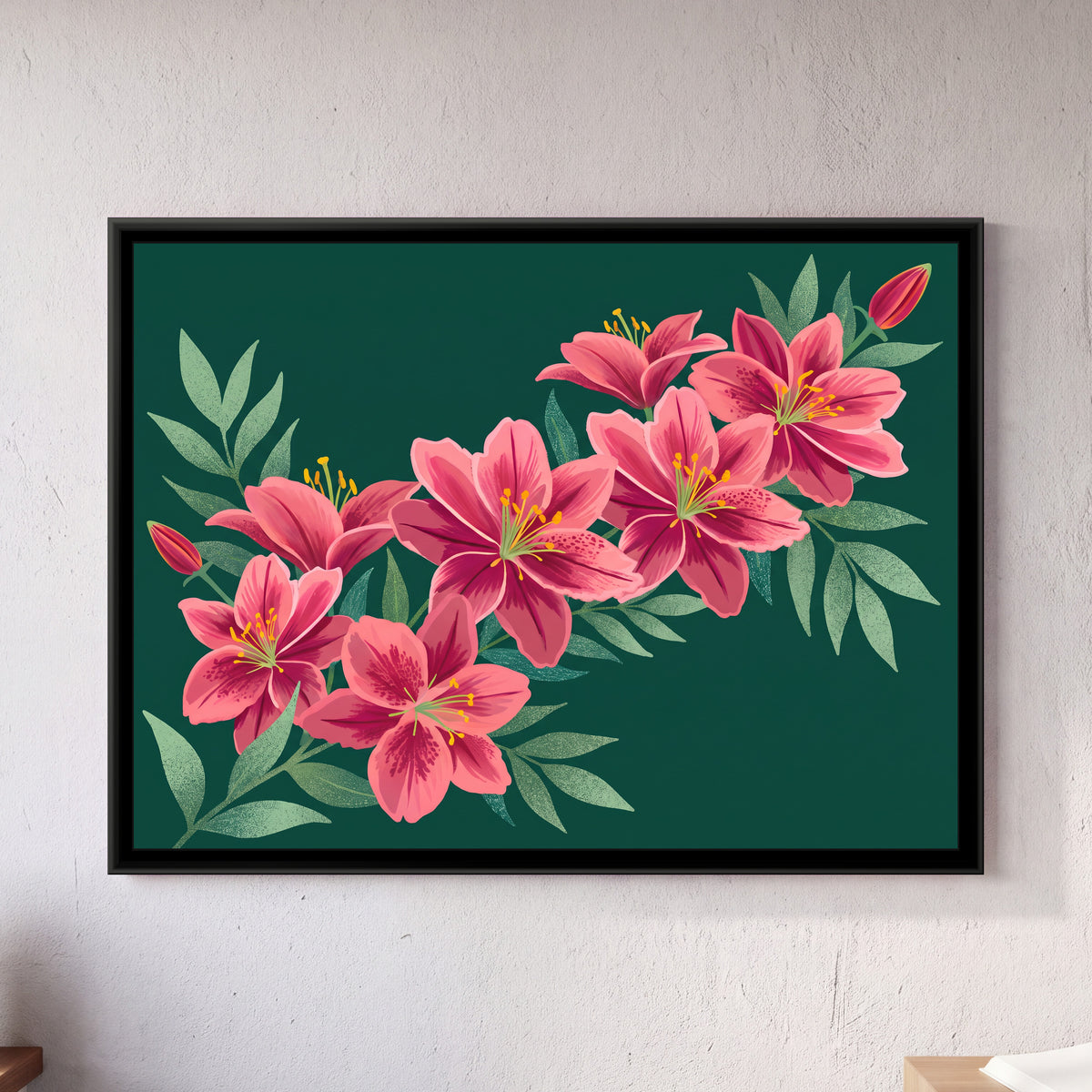 Pink Lilies on Forest Green - framed canvas art hung on a wall