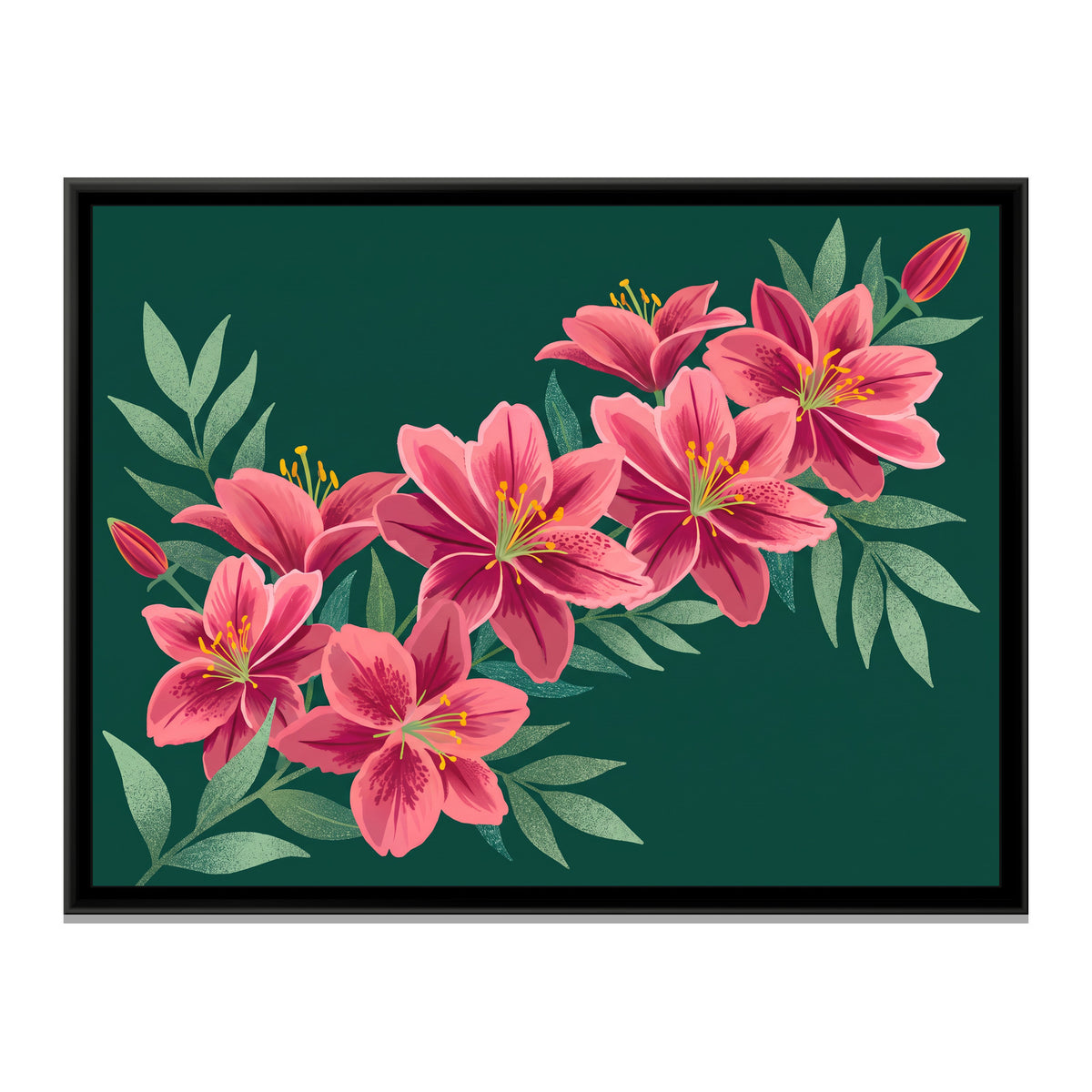 Pink Lilies on Forest Green - framed canvas print, front view