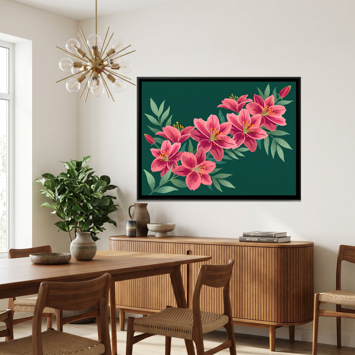 Pink Lilies on Forest Green - canvas art shown in a styled room