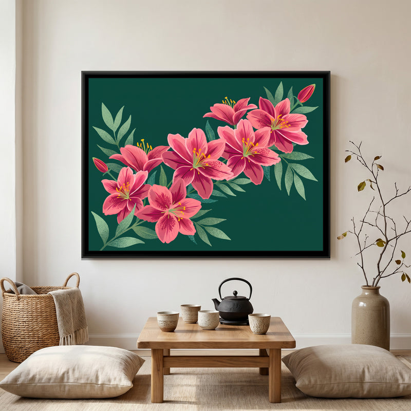 Pink Lilies on Forest Green - canvas art shown in a second room setting