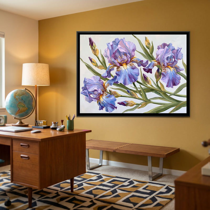 Azure and Lilac Irises - canvas art shown in a second room setting