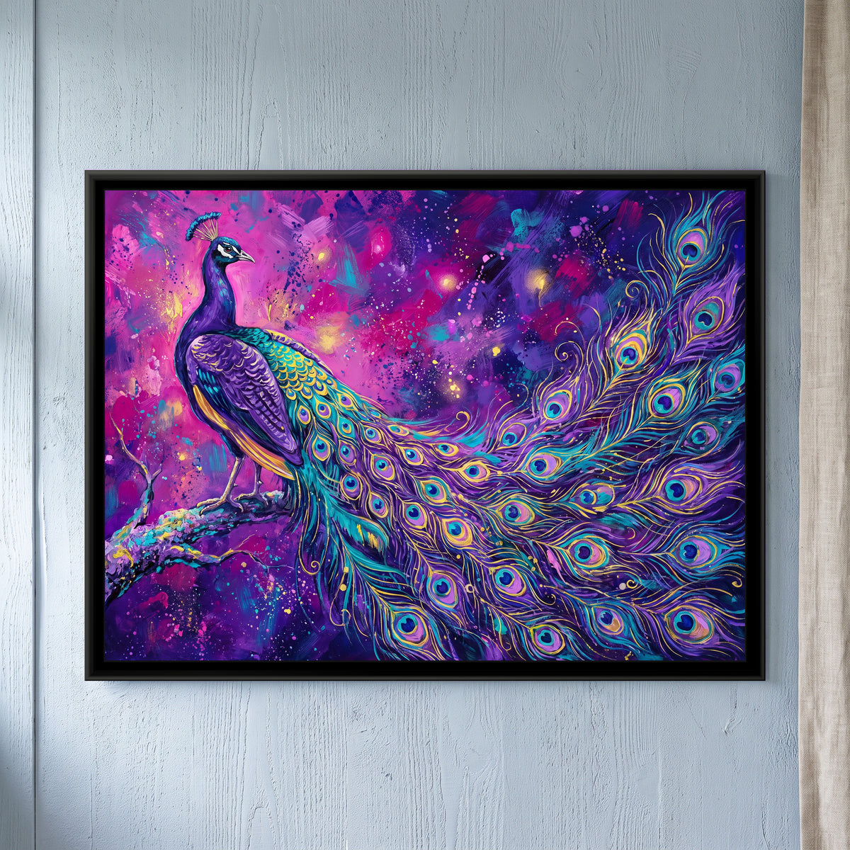 Trailing Plumes in Violet - framed canvas art hung on a wall