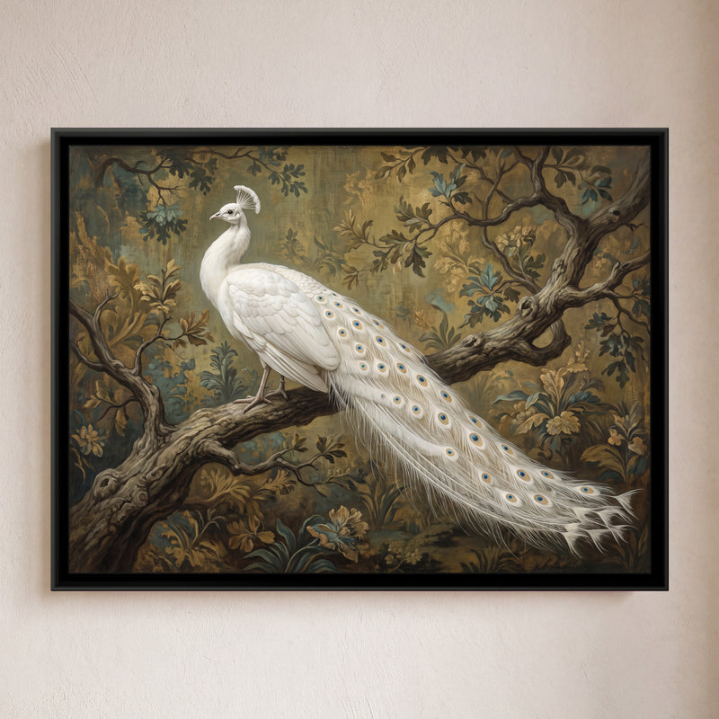 Ivory Peacock on a Branch - framed canvas art hung on a wall