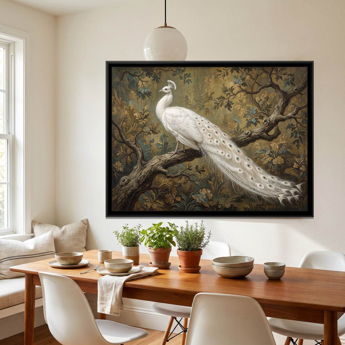 Ivory Peacock on a Branch - canvas art shown in a second room setting