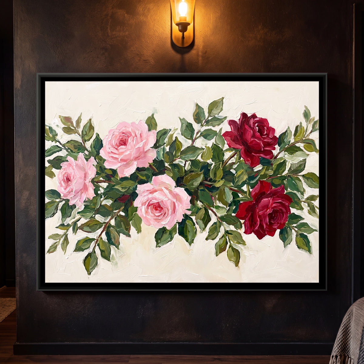 Crimson and Blush Garland - framed canvas art hung on a wall