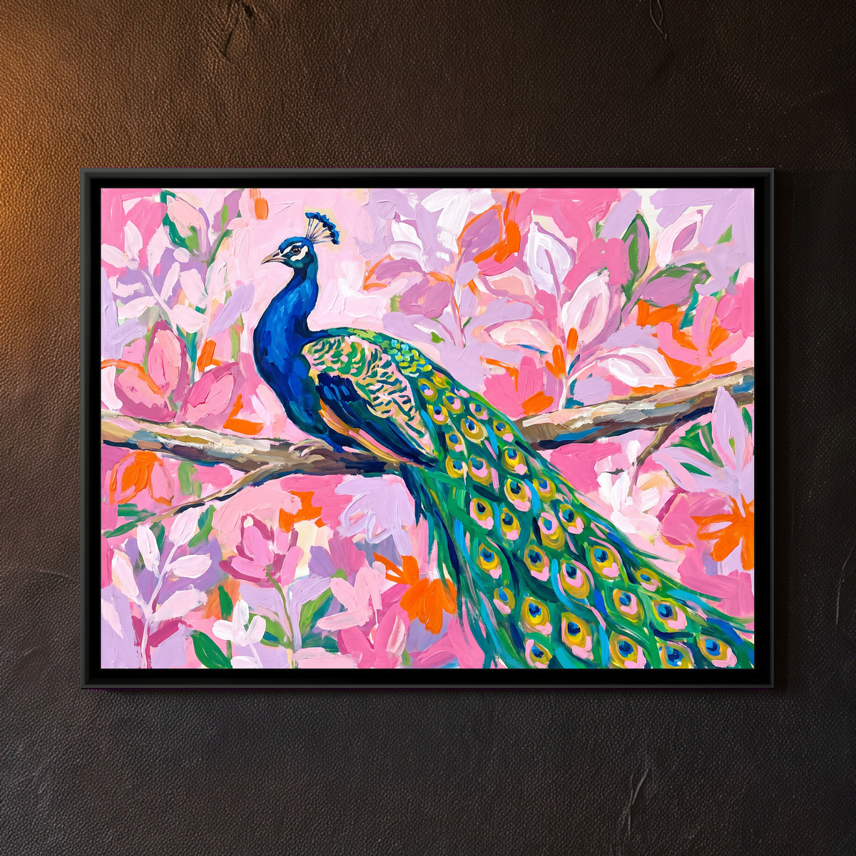 Peacock in the Pink Grove - framed canvas art hung on a wall
