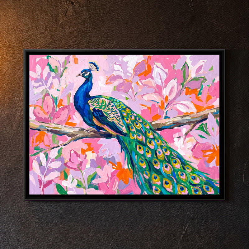 Peacock in the Pink Grove - framed canvas art hung on a wall