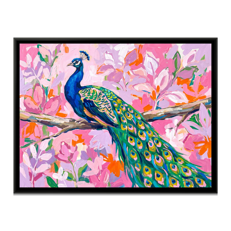Peacock in the Pink Grove - framed canvas print, front view