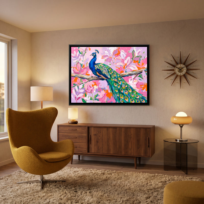 Peacock in the Pink Grove - canvas art shown in a styled room