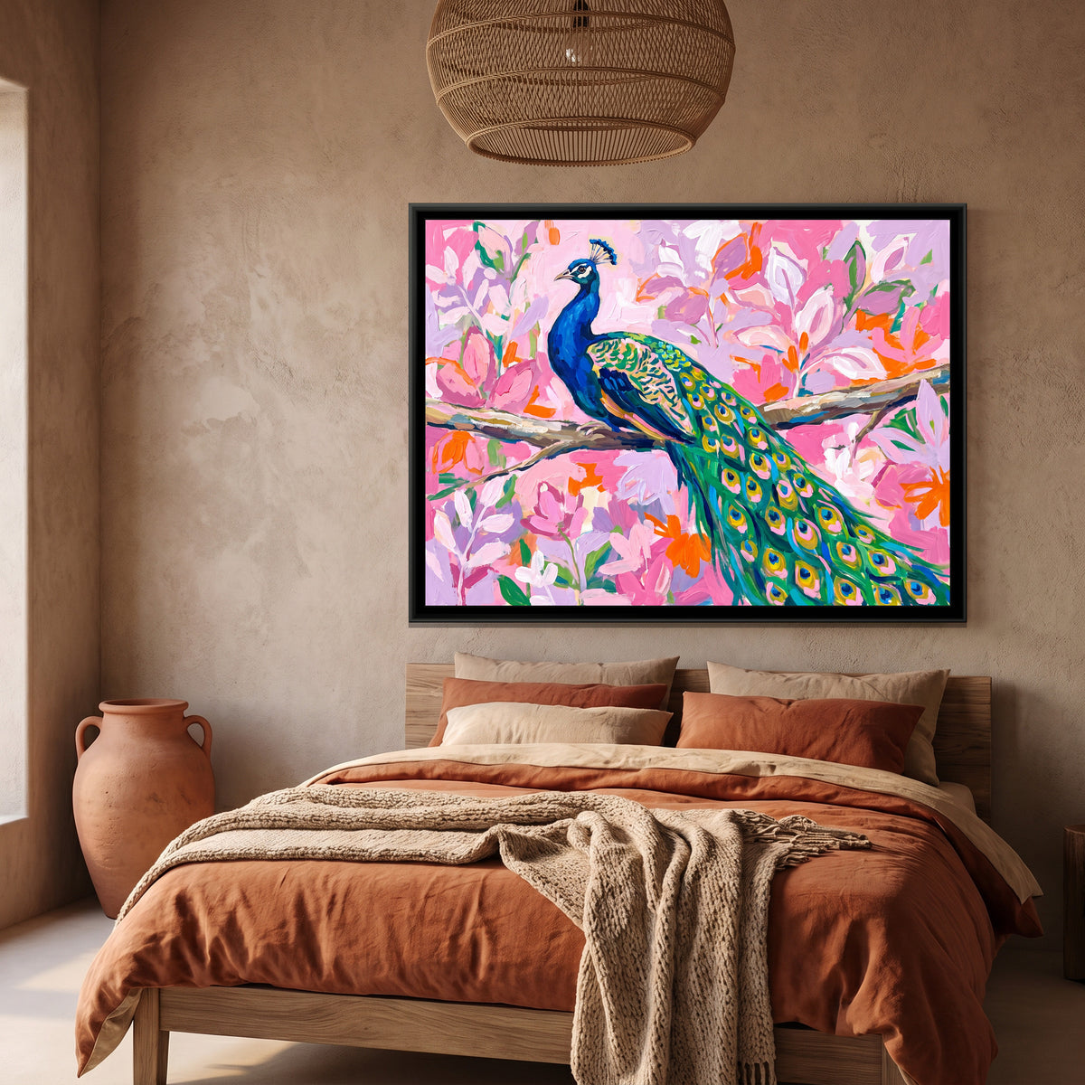Peacock in the Pink Grove - canvas art shown in a second room setting