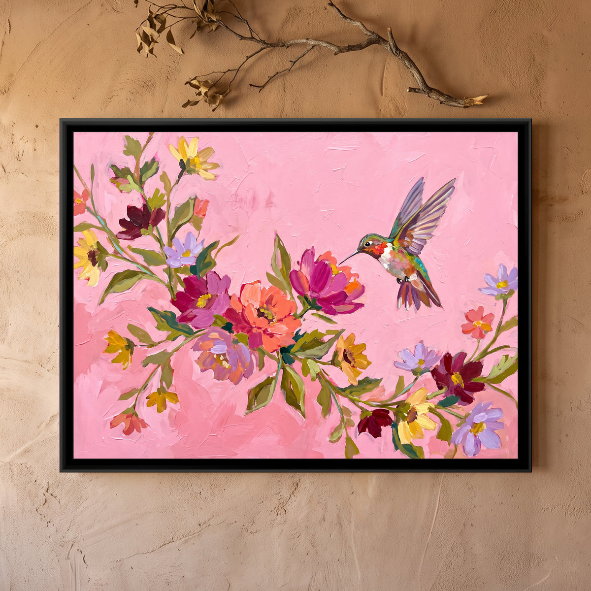 Hummingbird's Descent in Pink - framed canvas art hung on a wall