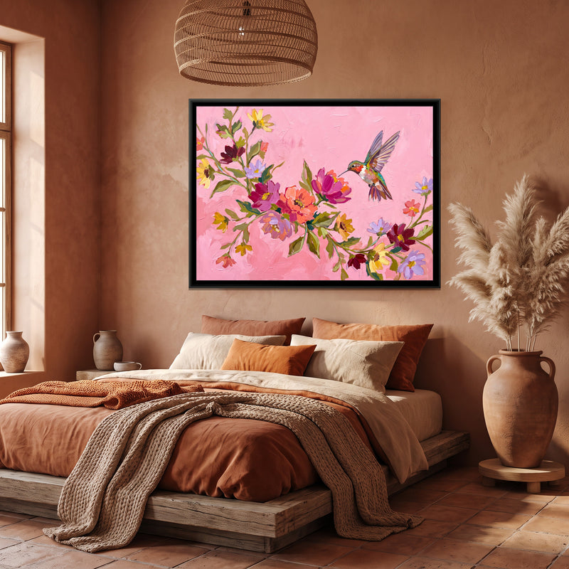 Hummingbird's Descent in Pink - canvas art shown in a second room setting