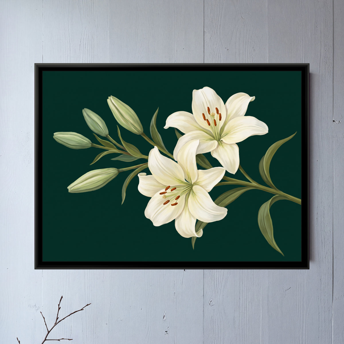 White Lilies on Emerald - framed canvas art hung on a wall