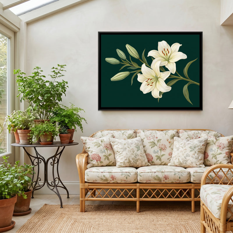 White Lilies on Emerald - canvas art shown in a styled room