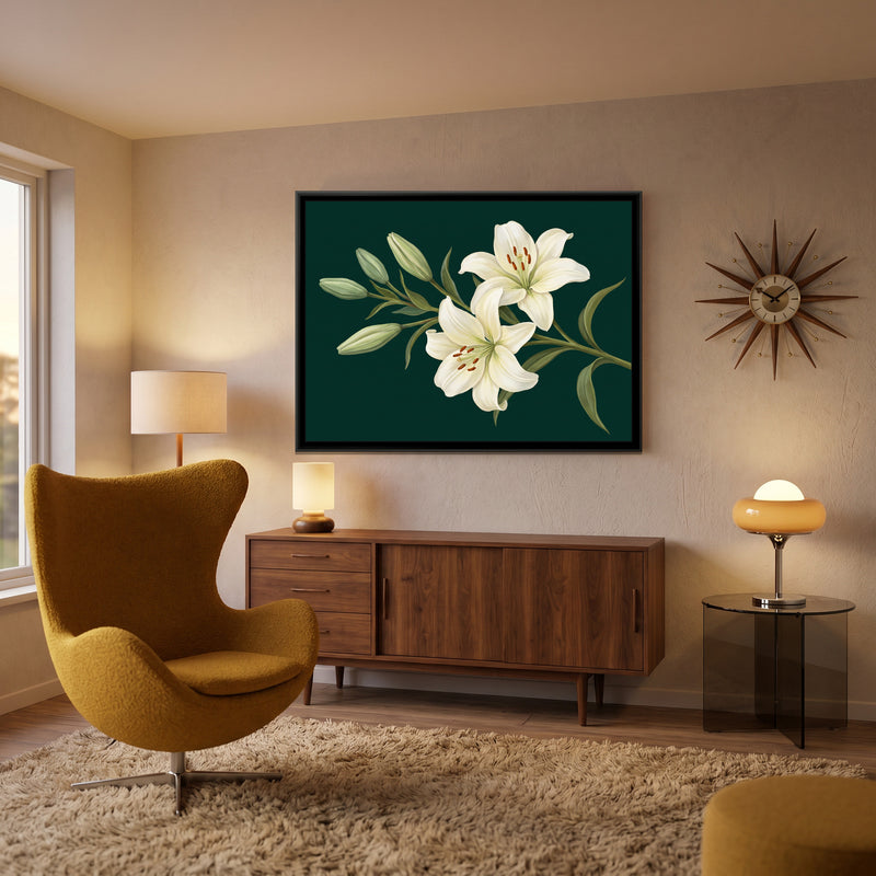 White Lilies on Emerald - canvas art shown in a second room setting