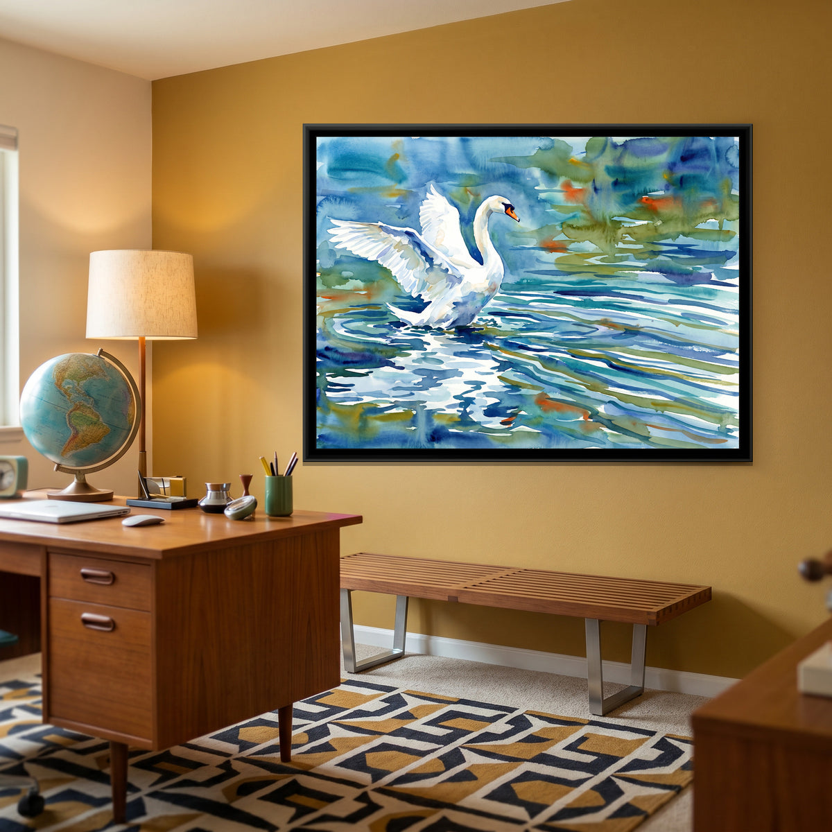 Wings on Azure - canvas art shown in a second room setting