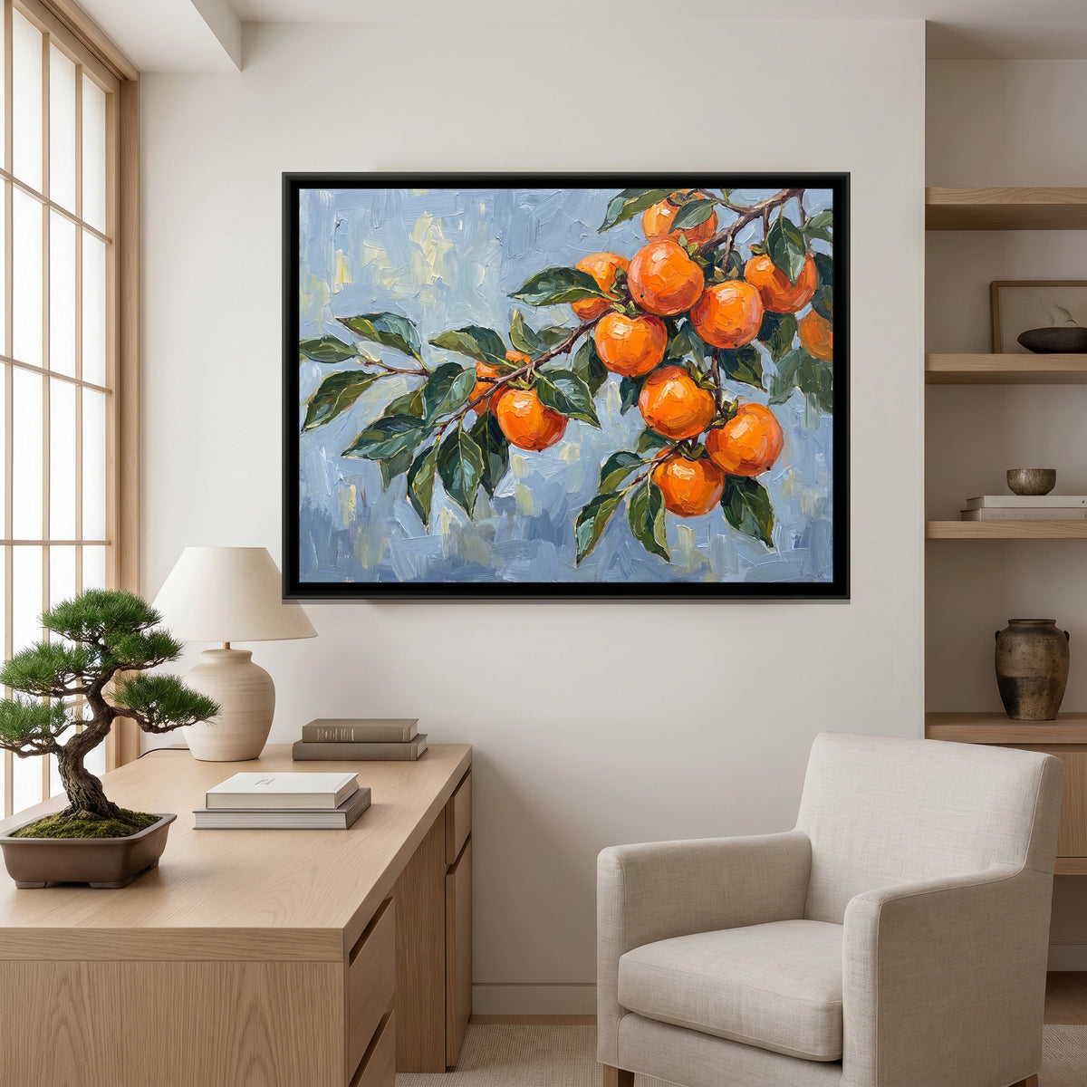 Persimmons on a Branch - canvas art shown in a styled room