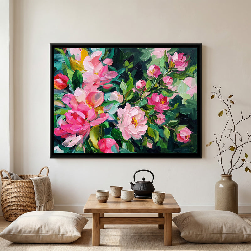Textured Pink Blooms - canvas art shown in a second room setting