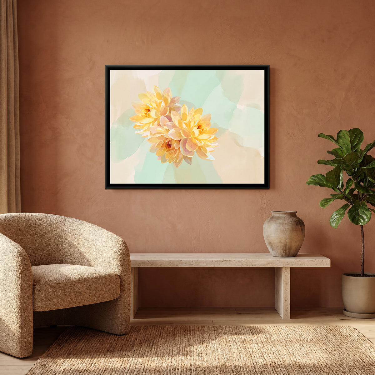Sunlit Petals - canvas art shown in a styled room