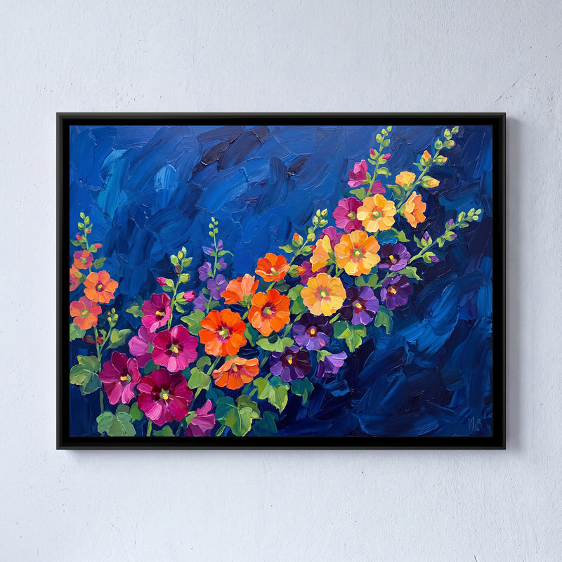 Sweeping Hollyhocks in Cobalt - framed canvas art hung on a wall