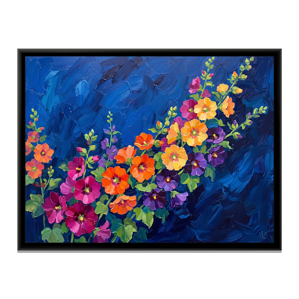 Sweeping Hollyhocks in Cobalt - framed canvas print, front view