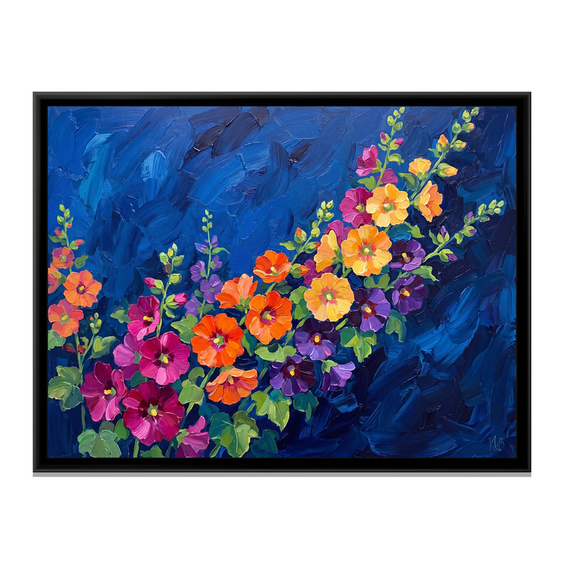 Sweeping Hollyhocks in Cobalt - framed canvas print, front view