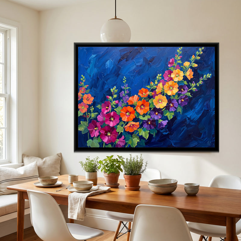 Sweeping Hollyhocks in Cobalt - canvas art shown in a second room setting