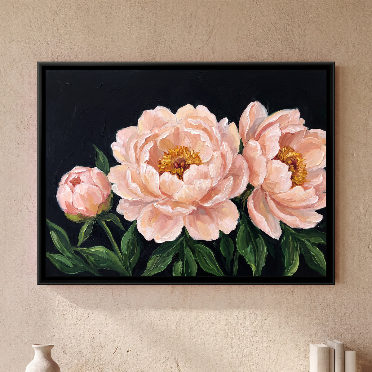 Blush Peonies in Shadow - framed canvas art hung on a wall