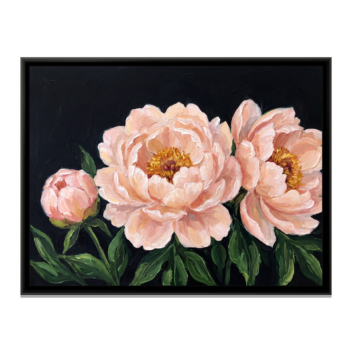 Blush Peonies in Shadow - framed canvas print, front view