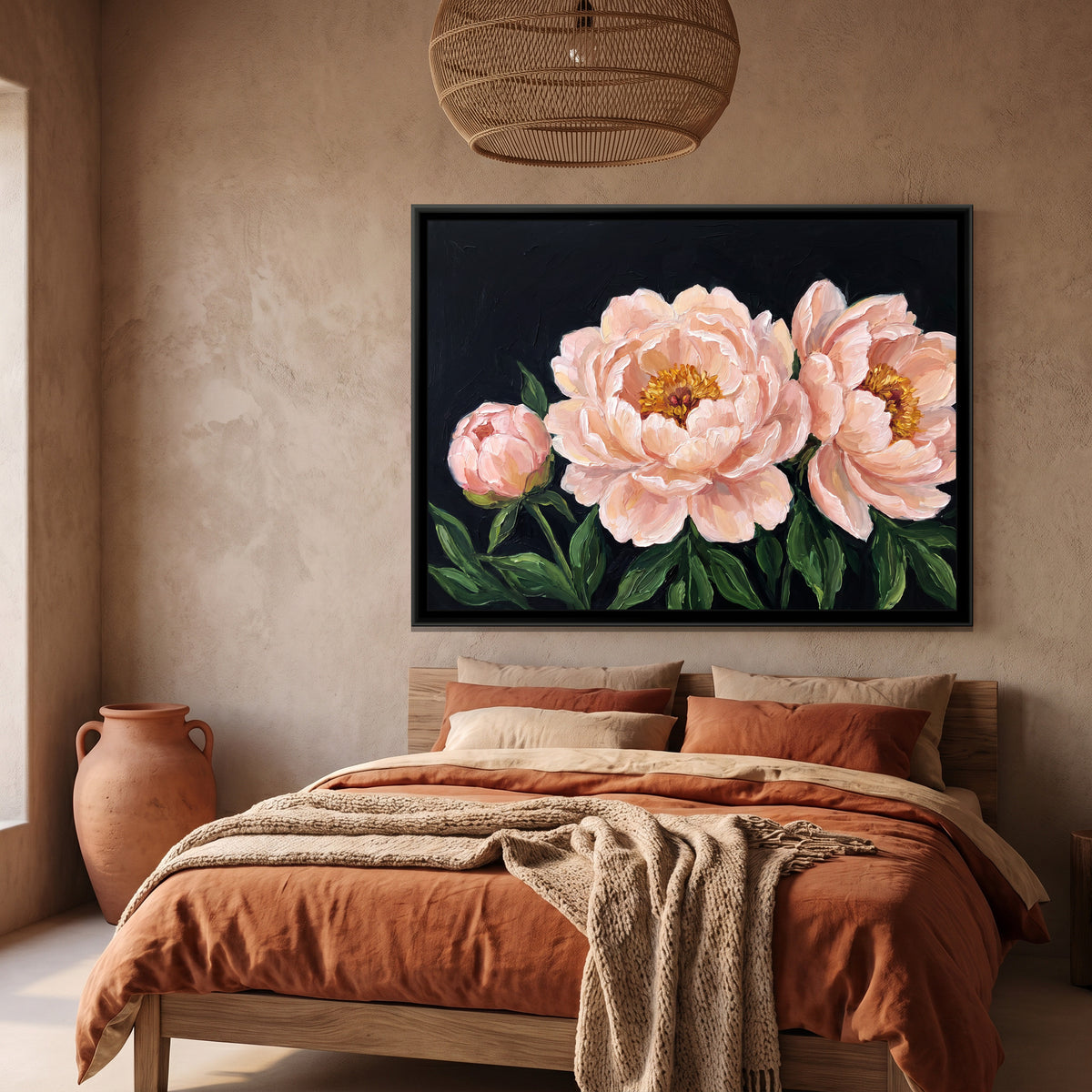 Blush Peonies in Shadow - canvas art shown in a second room setting