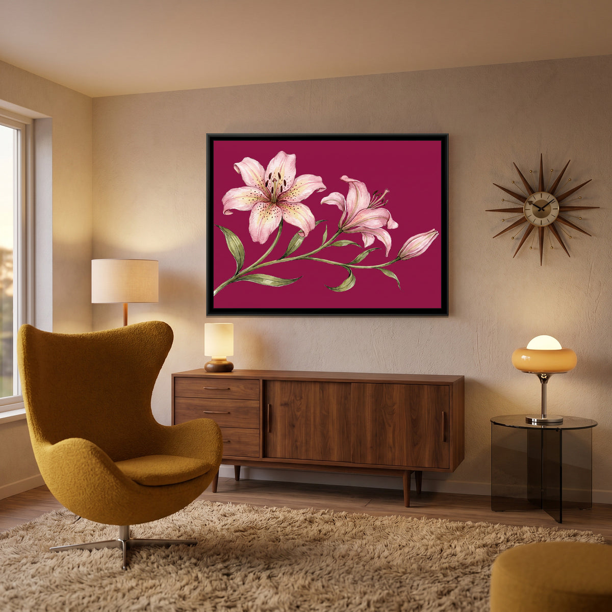 Blush Lilies on Magenta - canvas art shown in a styled room
