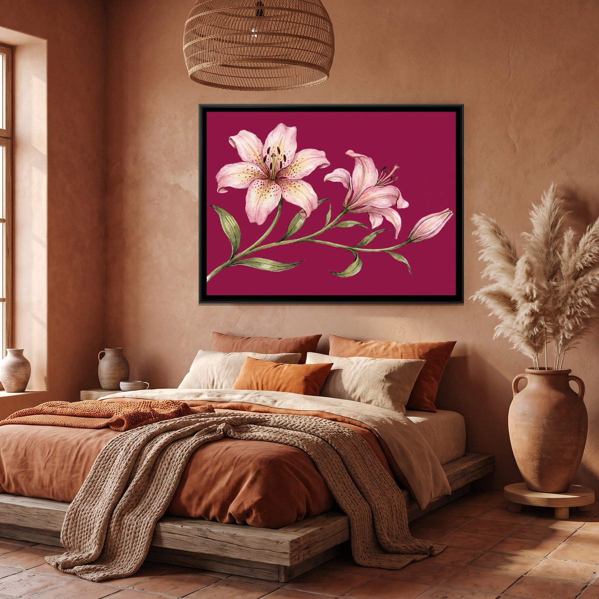 Blush Lilies on Magenta - canvas art shown in a second room setting