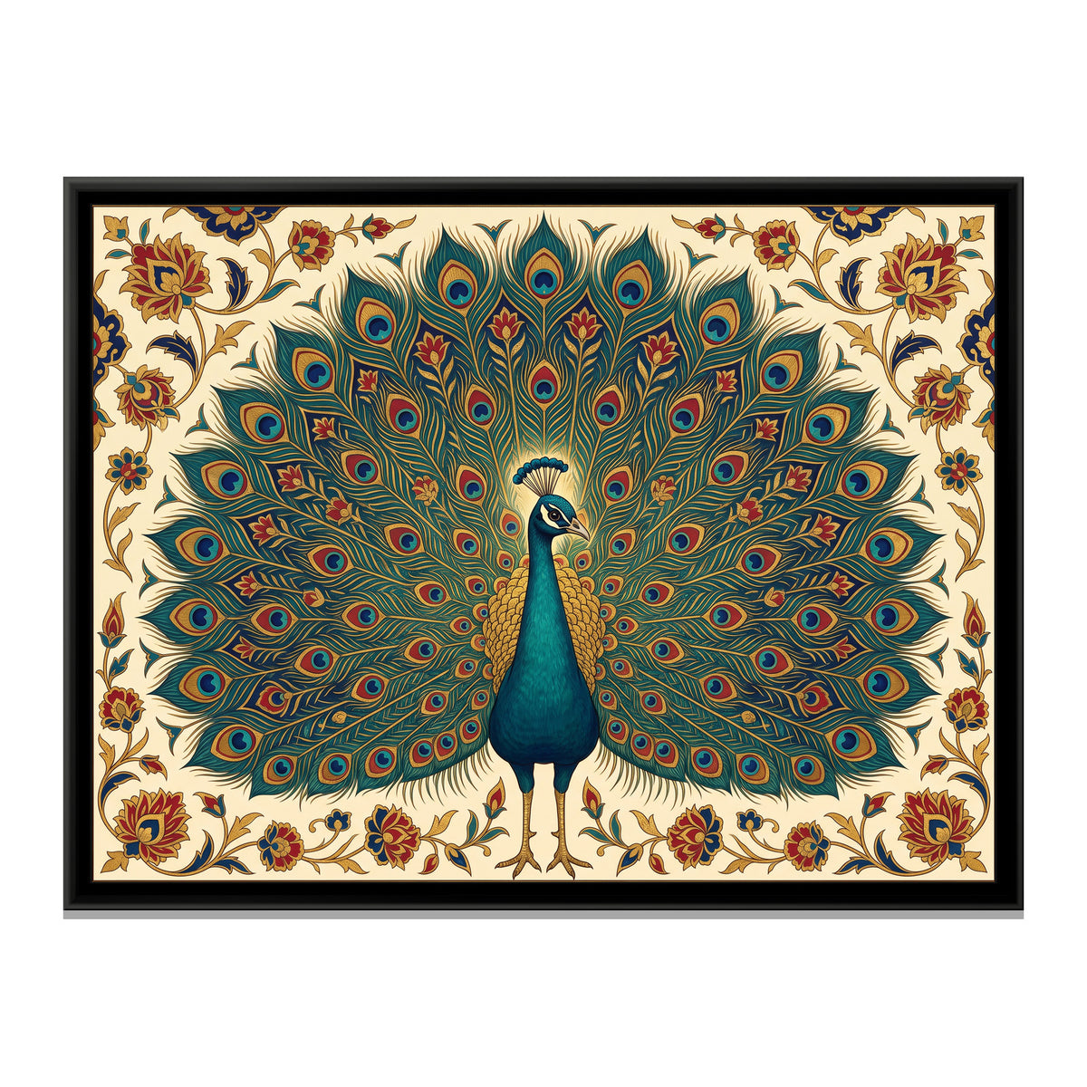 Peacock's Golden Display - framed canvas print, front view