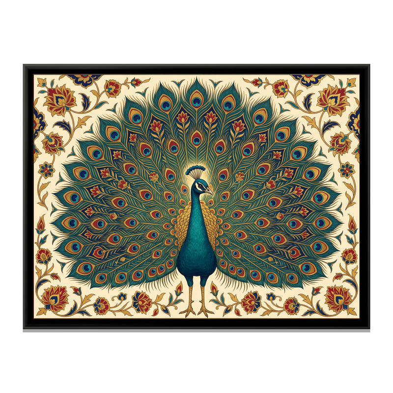 Peacock's Golden Display - framed canvas print, front view