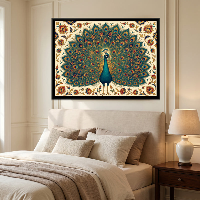 Peacock's Golden Display - canvas art shown in a second room setting