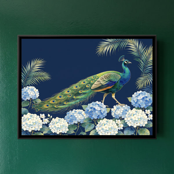 Sapphire Strut Among Hydrangeas