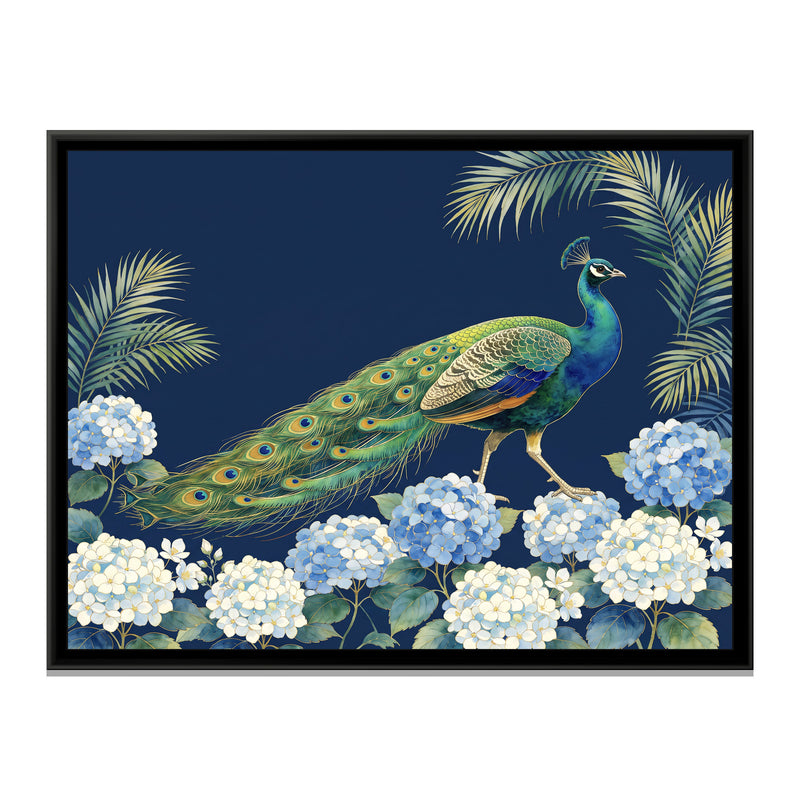 Sapphire Strut Among Hydrangeas - framed canvas print, front view