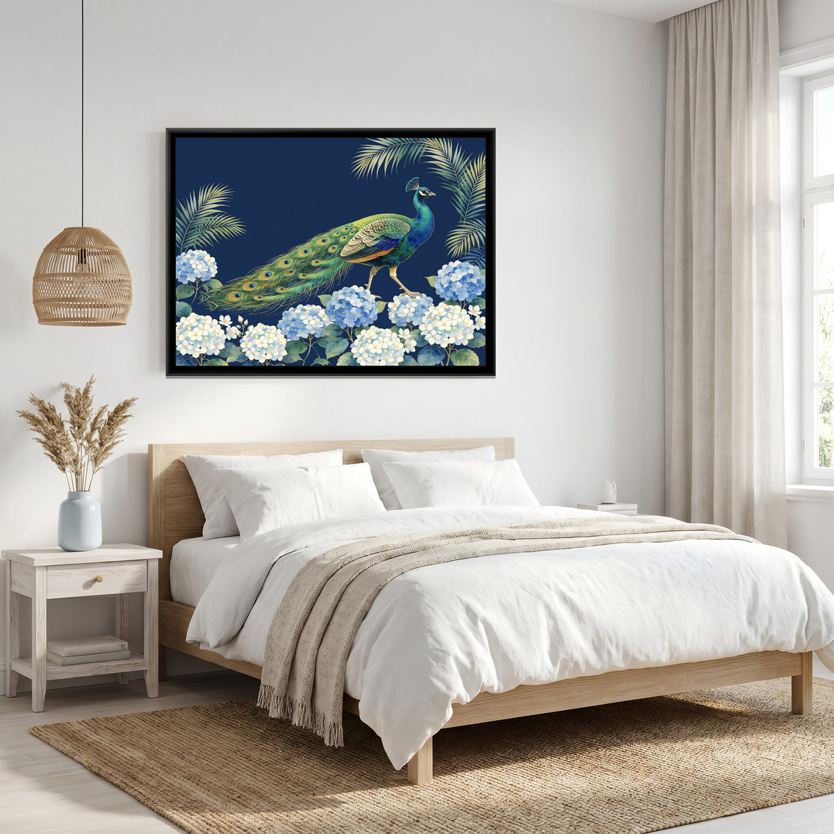 Sapphire Strut Among Hydrangeas - canvas art shown in a second room setting