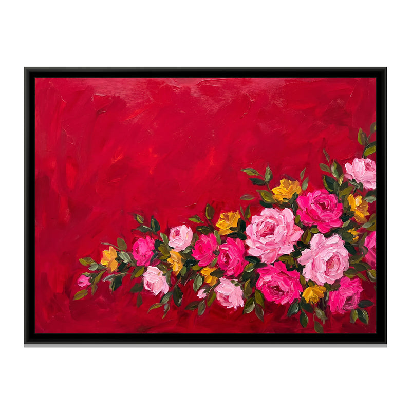 Crimson Horizon Blooms - framed canvas print, front view