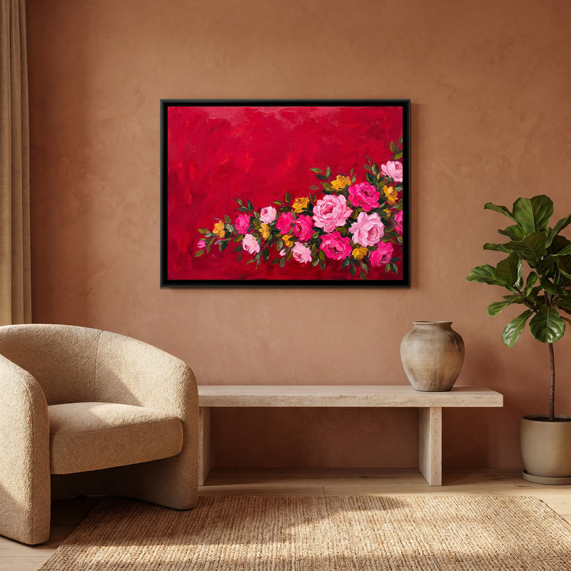 Crimson Horizon Blooms - canvas art shown in a styled room