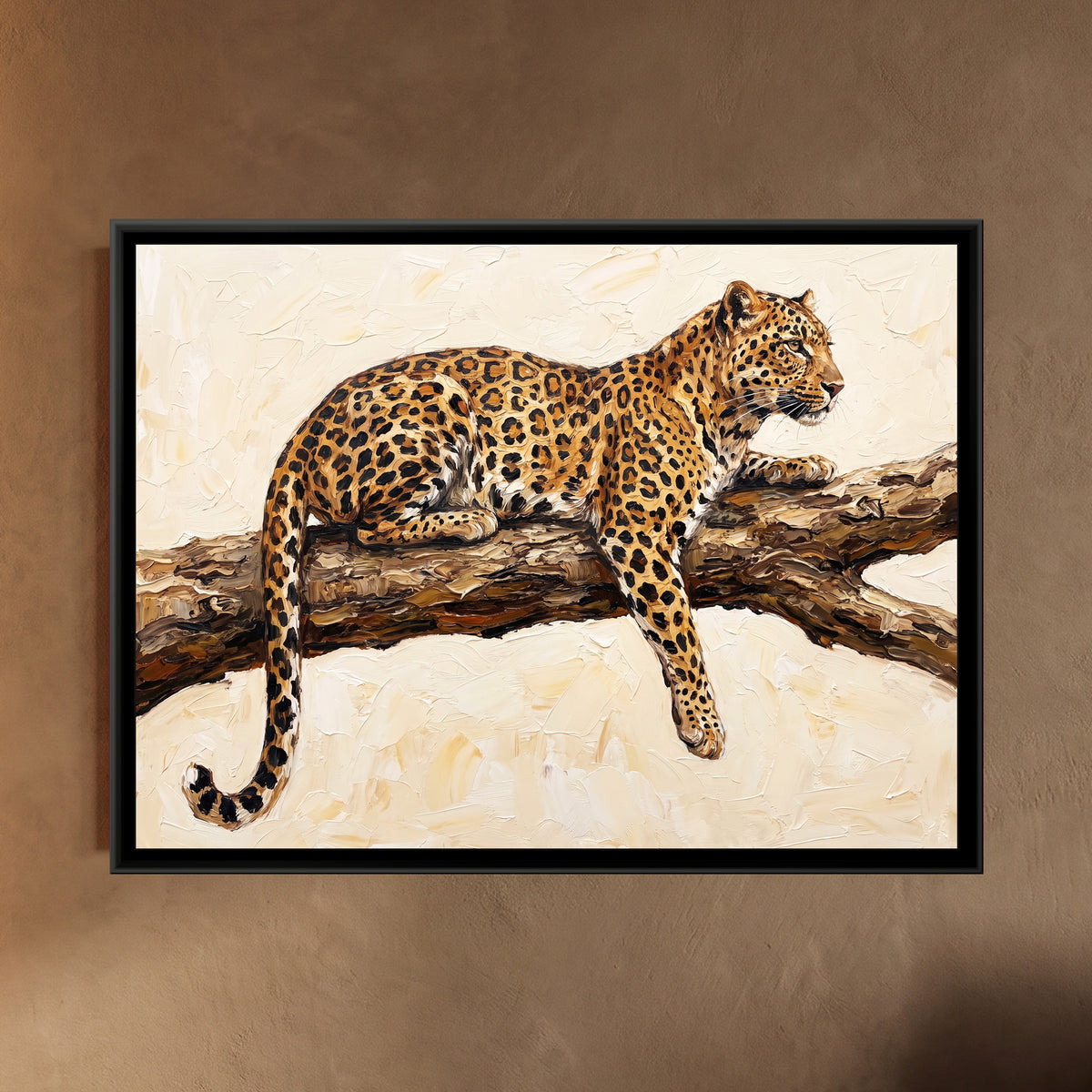 Golden Leopard Resting - framed canvas art hung on a wall