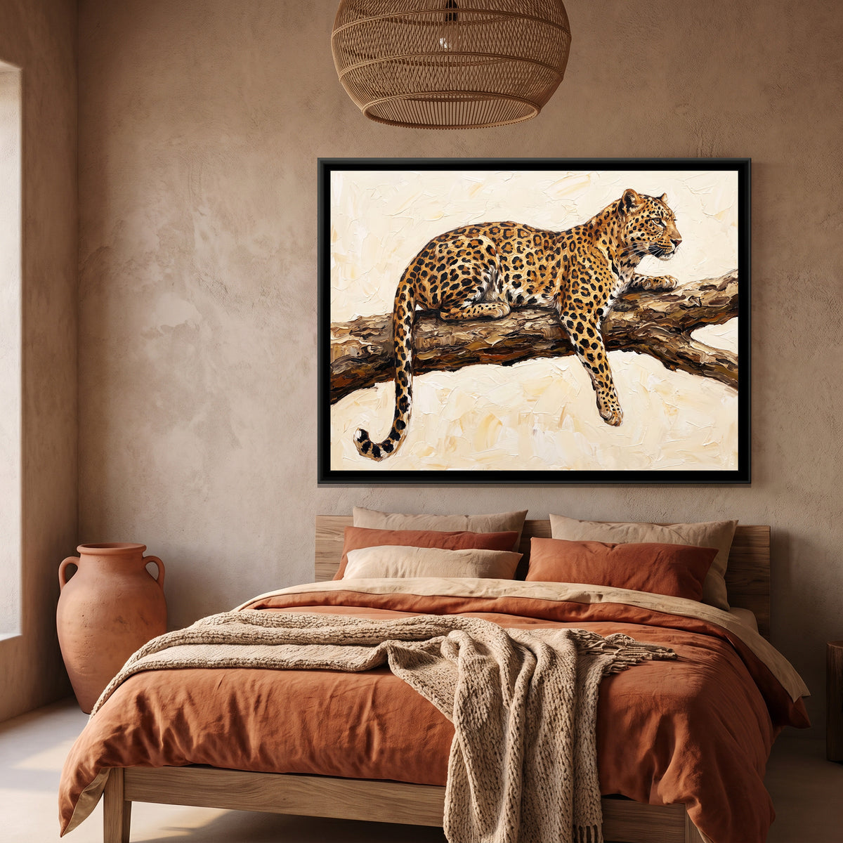 Golden Leopard Resting - canvas art shown in a styled room